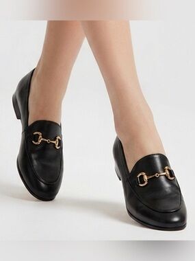 Black Leather Slip-On Loafers with Gold Bit Accent